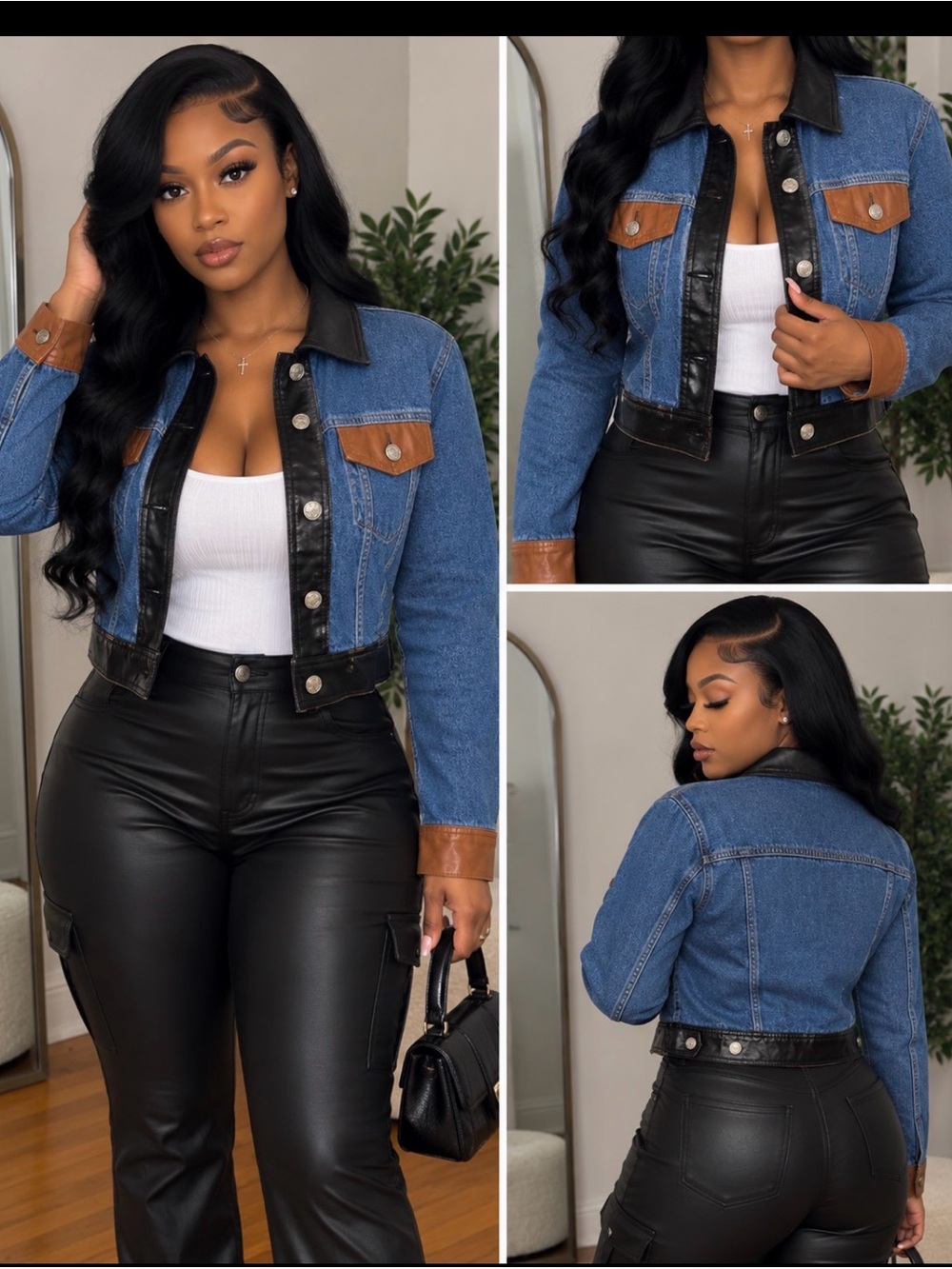 Women’s Colorblock Denim Cropped Jacket - Blue & Brown
